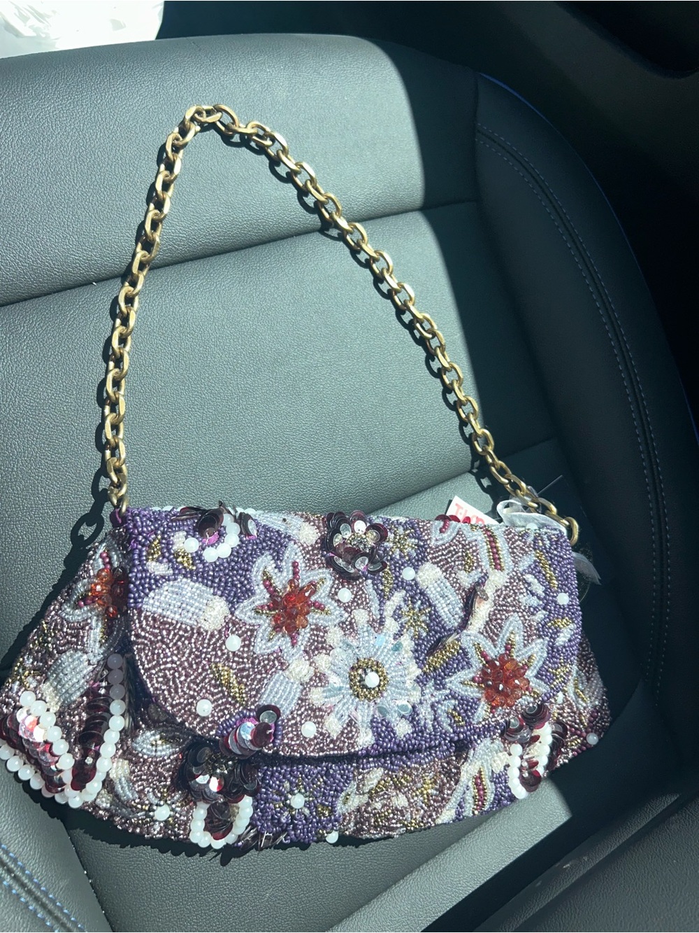 Embellished Floral Beaded Shoulder Bag - Purple